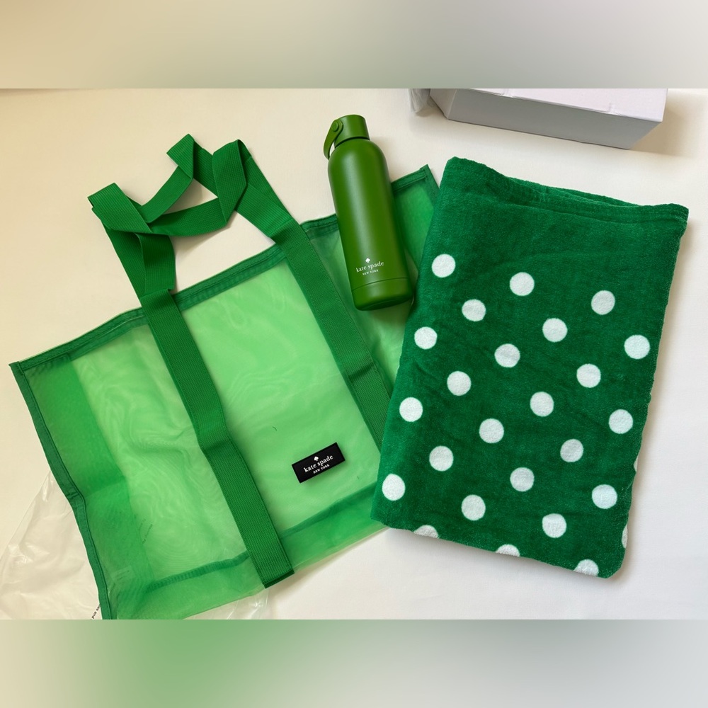 Kate Spade Green Mesh tote Beach Towel Thermos NEW